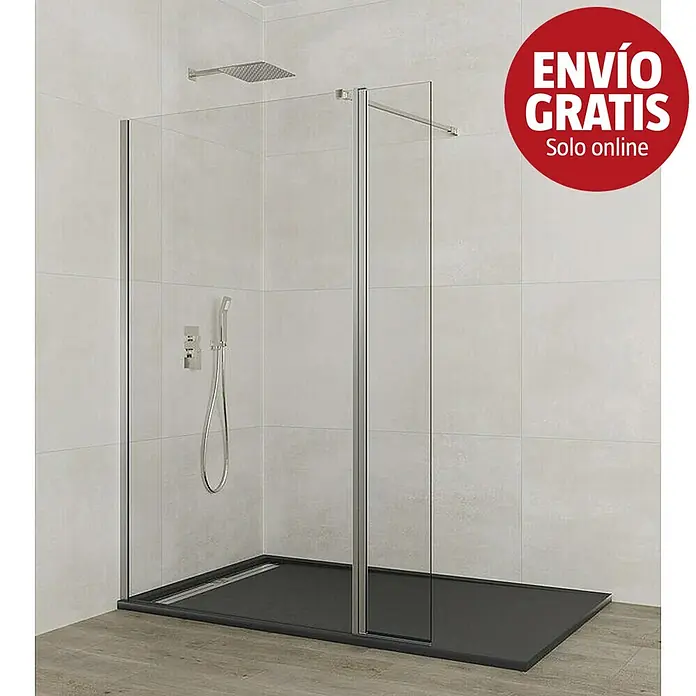 GME Pieza de unión para mampara Screen - 25 x 195 cm, Espesor: 8 mm, Vidrio transparente, Plata brillo - Ducha walk-in moderna con paneles de cristal transparente, plato de ducha gris oscuro y accesorios cromados en baño alicatado.