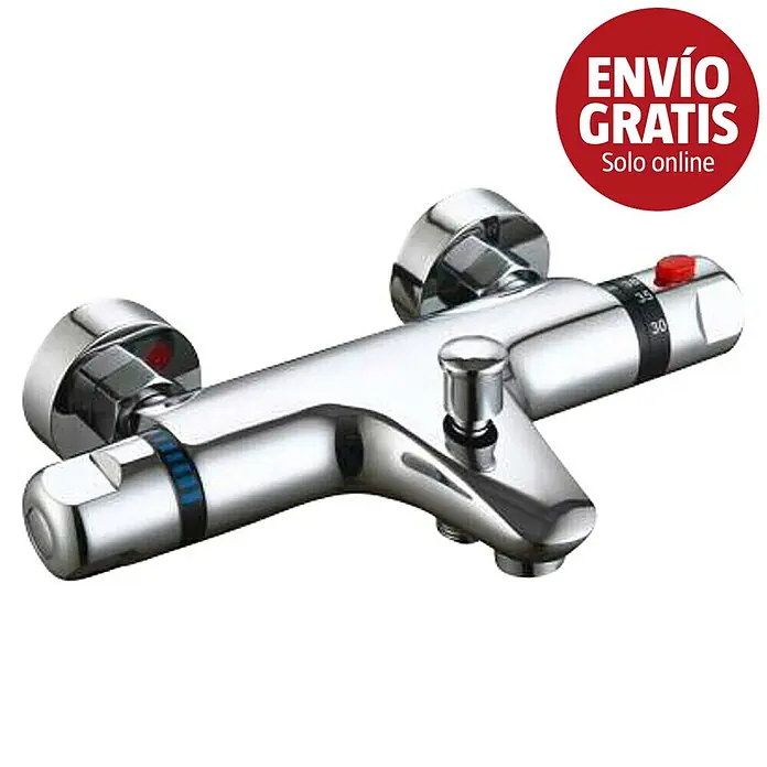 Universal de Grifería Sena Grifo termostático de bañera - Cromo - Grifo mezclador termostático de ducha cromado con dos mandos de control, uno con marcadores de temperatura y un botón de seguridad rojo.