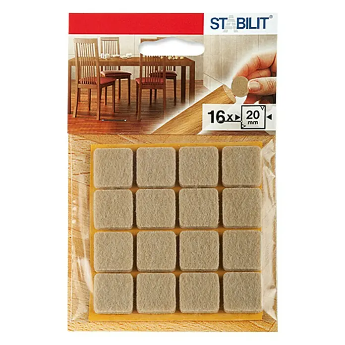 Stabilit Protector para muebles - L x An x Al: 20 x 20 x 5 mm, Cuadrado - Imagen de un paquete de deslizadores para muebles Stabilit, 16 almohadillas cuadradas de fieltro para proteger los pisos de rayones.