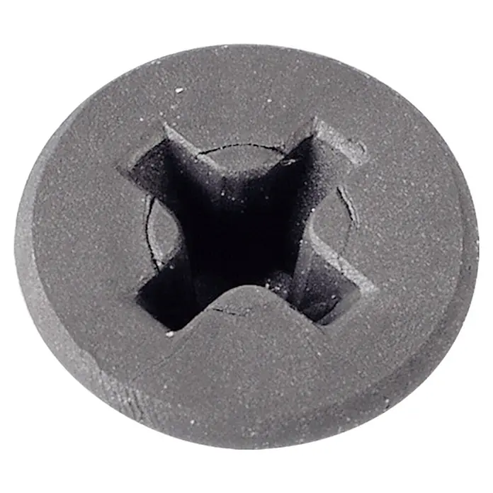 Profi Depot Schnellbauschraube - Durchmesser: 4,2 mm, Länge: 70 mm, Senkkopf, Feingewinde, 200 Stk. - Nahaufnahme eines schwarzen Senkkopfschraubenkopfes mit Kreuzschlitz, der die Details und die Form des Schraubenkopfes zeigt.