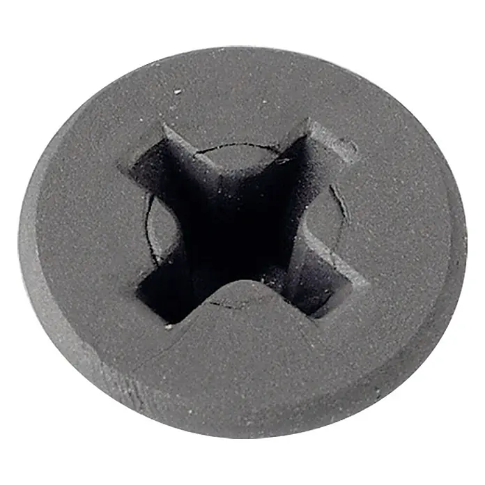 Profi Depot SchnellbauschraubeDurchmesser: 3,9 mm, Länge: 45 mm, Senkkopf, Feingewinde, 200 Stk. - Nahaufnahme eines schwarzen Senkkopfschraubenkopfes mit Kreuzschlitz, der die Details und die Form des Schraubenkopfes zeigt.