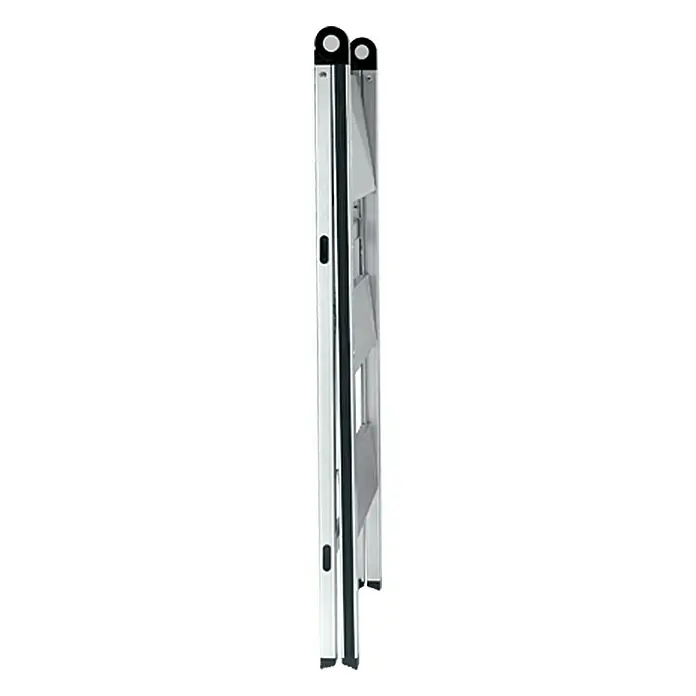 Stabilomat Basicline Klapptritt Slim - Anzahl Tritte: 3 Stk., Arbeitshöhe: 2,75 m, Belastbarkeit: 150 kg, Aluminium - Produktansicht: Eine zusammengeklappte, silberfarbene Haushaltsleiter mit schwarzen Details. Ideal für kleine Reparaturen im Haus.