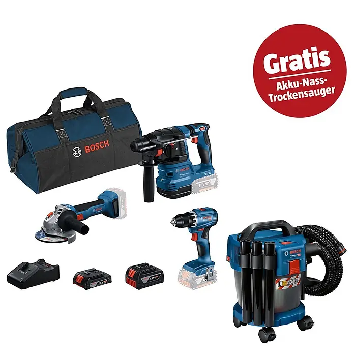Bosch Professional AMPShare 18V Maschinen-Set 3 Tool Kit & Akku-Sauger GAS 18V-10 L Kit - 18 V, 2 Akkus, 2 Ah - 4 Ah - Blau-schwarzes Bosch Elektrowerkzeug-Set: Bohrhammer, Winkelschleifer, Bohrschrauber, Akkus, Ladegerät, Tasche und gratis Akku-Nass-Trockensauger.