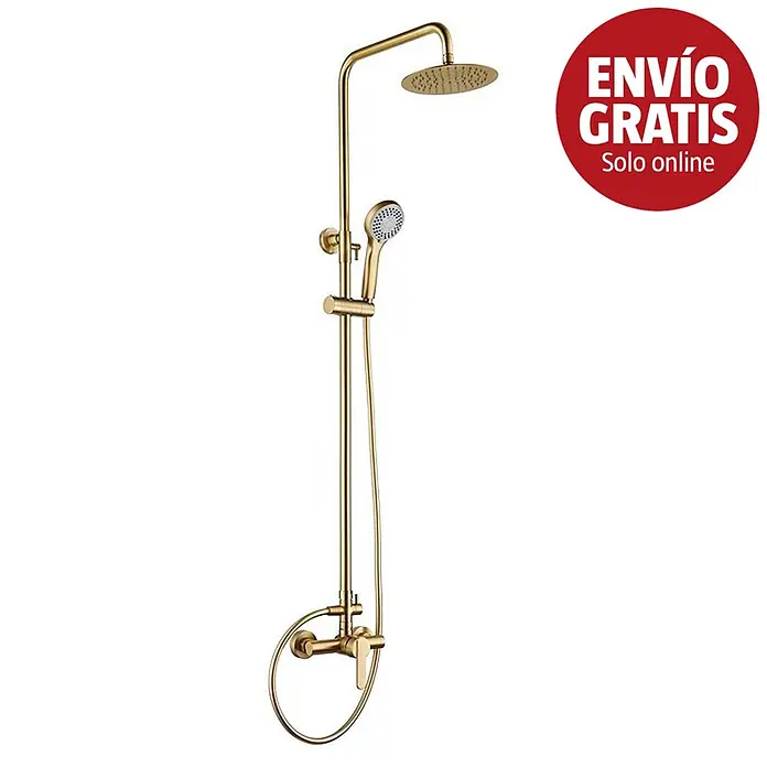 Camargue Sabati Sistema de ducha - Con grifo monomando, Oro - Sistema de ducha dorado con una gran alcachofa de lluvia superior y una ducha de mano ajustable con grifo monomando.