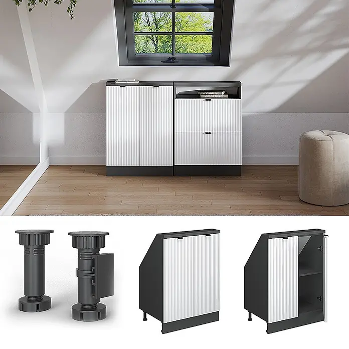 Küchenschrank für Dachschrägen R-Line 60 cm Weiß Riffel Art.-Nr. 60630 - 