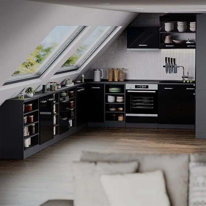 Vicco Küchenschrank für Dachschrägen R-Line, Schwarz Hochglanz, 80 cm - 