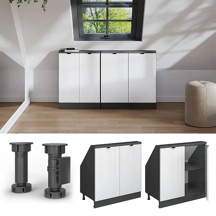 Küchenschrank für Dachschrägen R-Line 80 cm Weiß Riffel Art.-Nr. 60636 - 