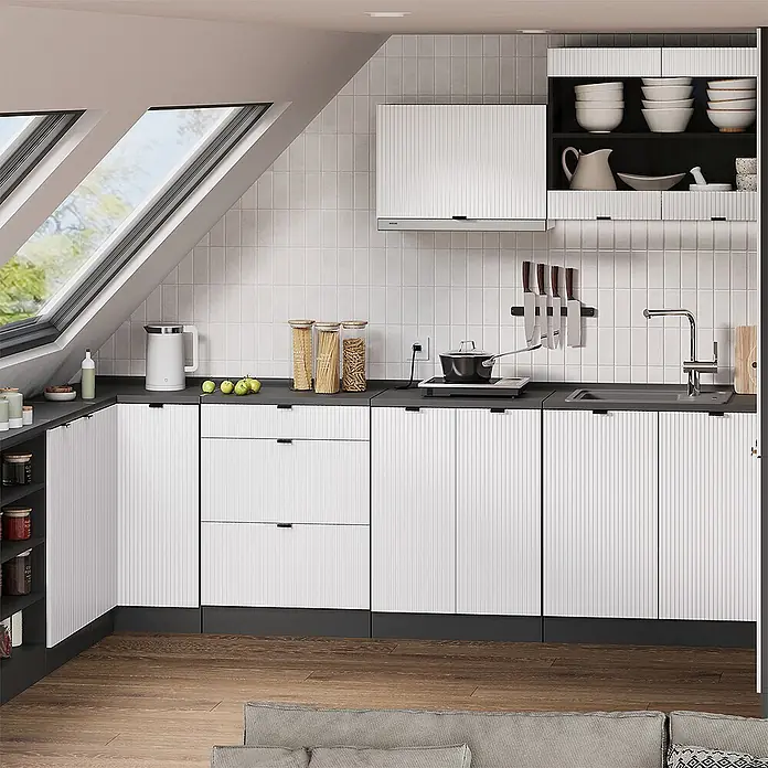 Küchenschrank für Dachschrägen R-Line 60 cm Weiß Riffel Art.-Nr. 61753 - 
