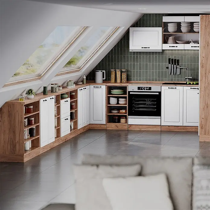 Küchenschrank für Dachschrägen R-Line 210 cm Weiß Landhaus Art.-Nr. 60303 - 