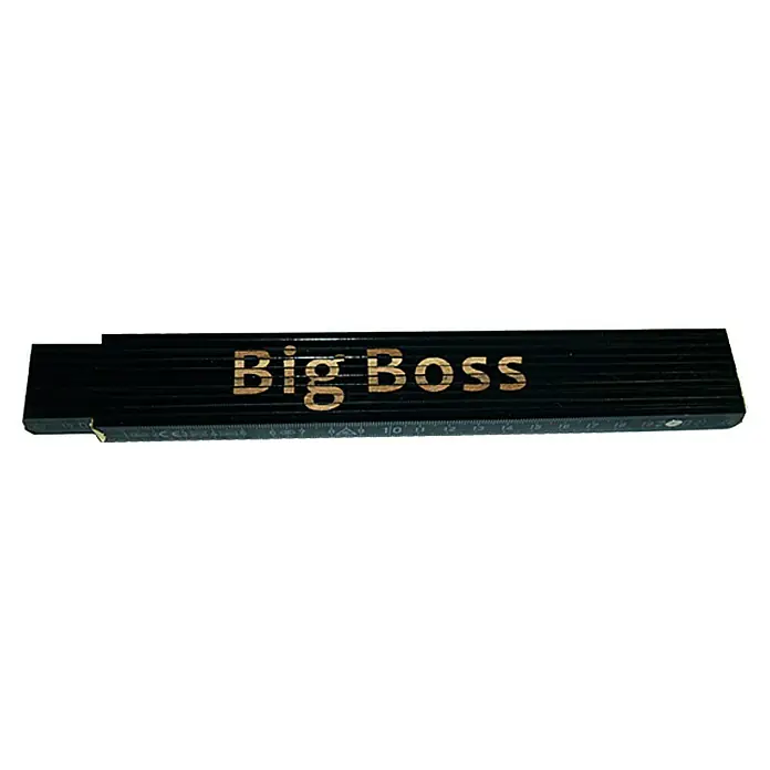 Zollstock - Aufdruck: Big Boss, 2 m - Das Bild zeigt einen schwarzen Zollstock mit der Aufschrift "Big Boss" in goldenen Buchstaben und metrischen Markierungen.