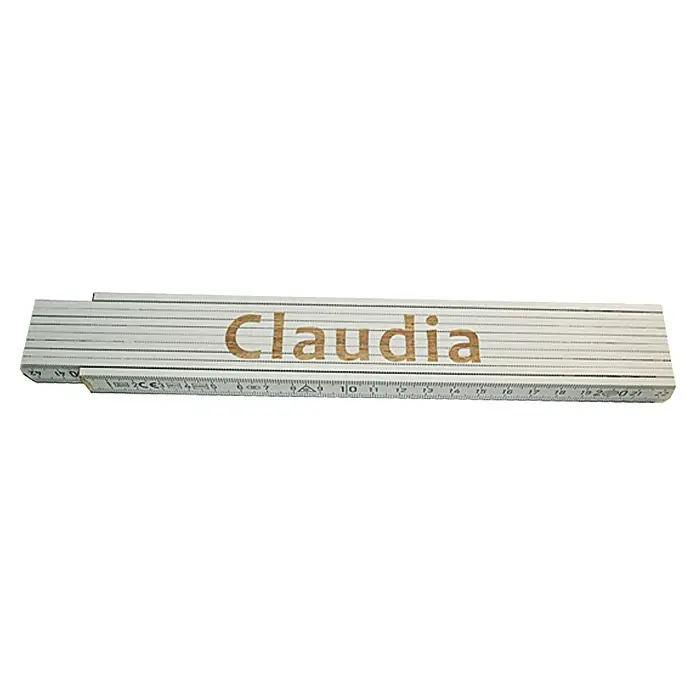 Zollstock - Aufdruck: Claudia, 2 m - Das Bild zeigt einen Zollstock mit der Aufschrift "Claudia", ein praktisches Werkzeug für genaue Messungen.