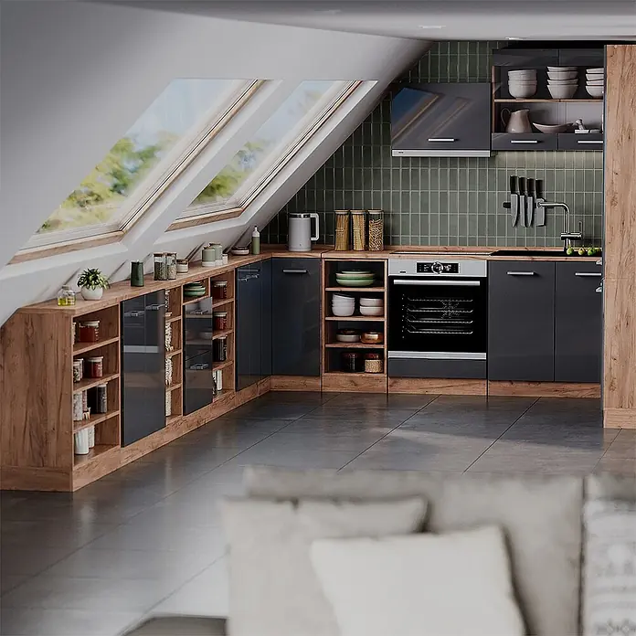 Vicco Küchenschrank für Dachschrägen R-Line, Anthrazit Hochglanz, 140 cm - 