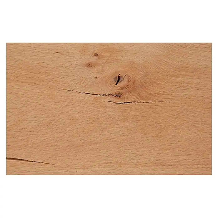 Massiv Blox Holzbalken - L x B x H: 120 x 15 x 15 cm, Buche - Nahaufnahme eines Holzprodukts mit Astlöchern und Maserung.