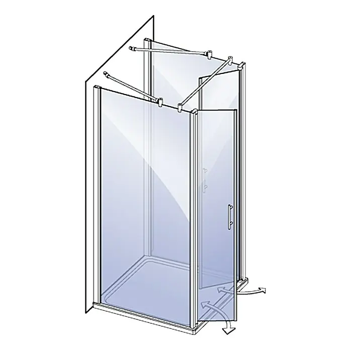 Camargue Vario Duschwand für Doppelpendeltür S36 - B x H: 80 x 195 cm, Beschichtet, Silber - Abbildung einer Duschkabine mit Drehtür und zusätzlichen Stützstangen zur Stabilisierung der Glaswände. Die Duschkabine ist mit silbernen Beschlägen.