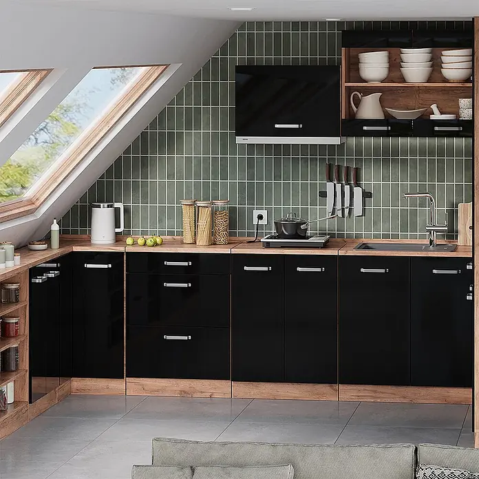 Vicco Küchenschrank für Dachschrägen R-Line, Schwarz Hochglanz, 60 cm - 