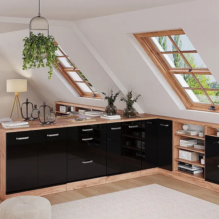 Vicco Küchenschrank für Dachschrägen R-Line, Schwarz Hochglanz, 60 cm - 
