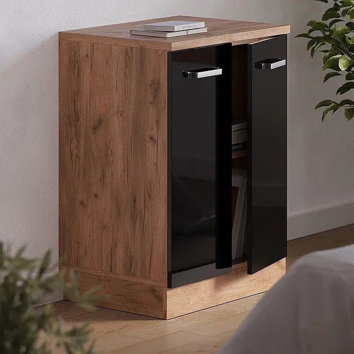 Vicco Küchenschrank für Dachschrägen R-Line, Schwarz Hochglanz, 60 cm - 