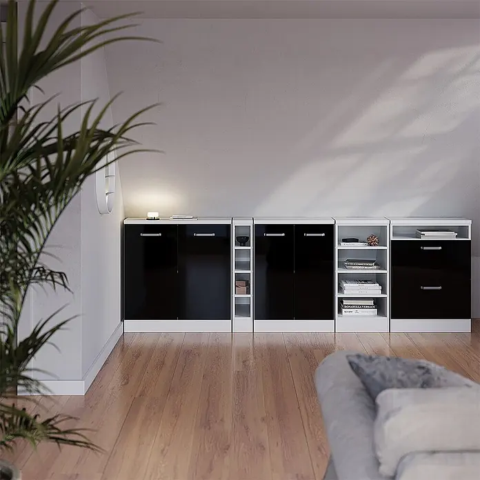 Vicco Küchenschrank für Dachschrägen R-Line, Schwarz Hochglanz, 210 cm - 