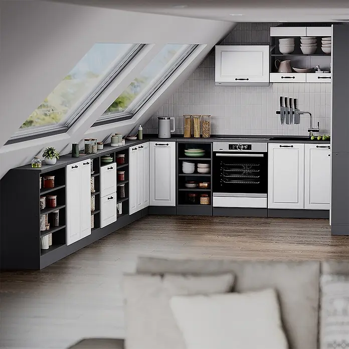 Küchenschrank für Dachschrägen R-Line 140 cm Weiß Landhaus Art.-Nr. 60214 - 