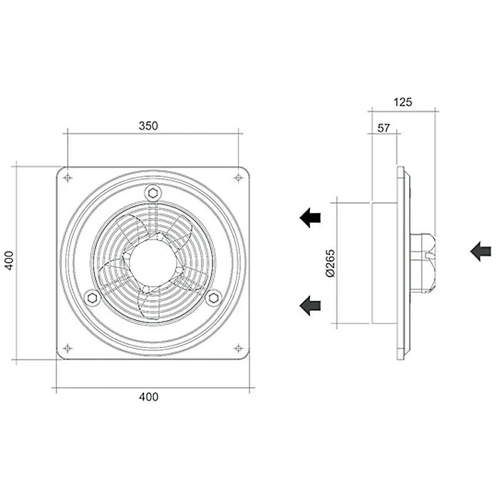 Air-Circle Außenwand-Ventilator Basic 250 - Grau, 33,5 cm, Luftleistung: 1.015 m³/h - Technische Zeichnung eines Abluftventilators mit quadratischer Bauform und verschiedenen Maßangaben.