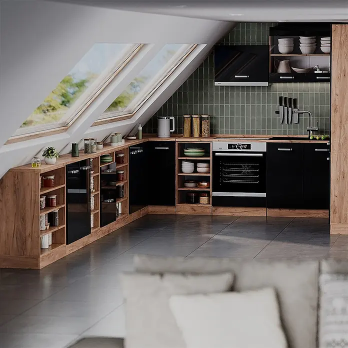 Vicco Küchenschrank für Dachschrägen R-Line, Schwarz Hochglanz, 60 cm - 