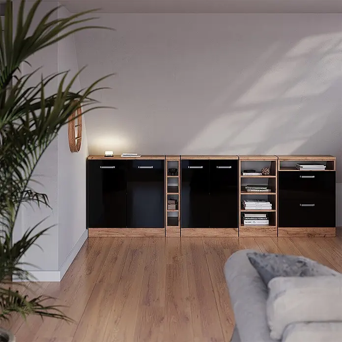 Vicco Küchenschrank für Dachschrägen R-Line, Schwarz Hochglanz, 60 cm - 