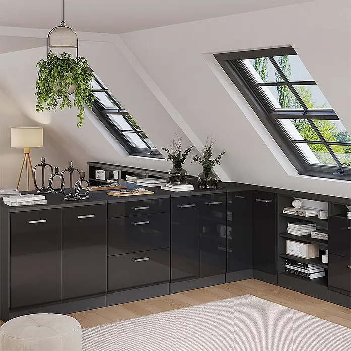 Vicco Küchenschrank für Dachschrägen R-Line, Anthrazit Hochglanz, 80 cm - 