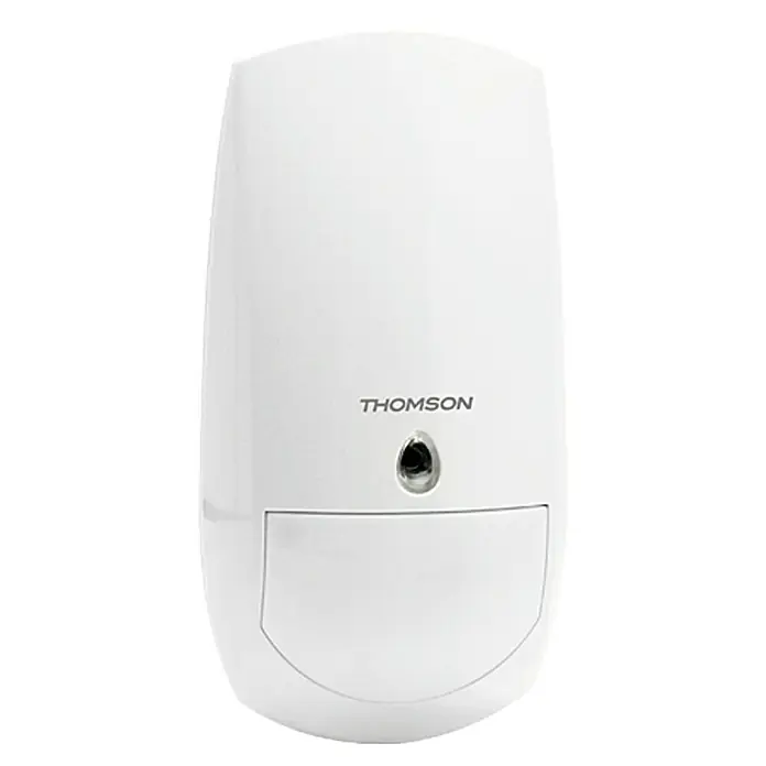 Thomson Infrarot-Bewegungsmelder - Innen, 90 °, Reichweite ca.: 15 m, Reichweite Funk: 300 m - Nahaufnahme eines weißen Thomson-Bewegungsmelders für den Innenbereich, ideal für die Sicherheit in Ihrem Zuhause.