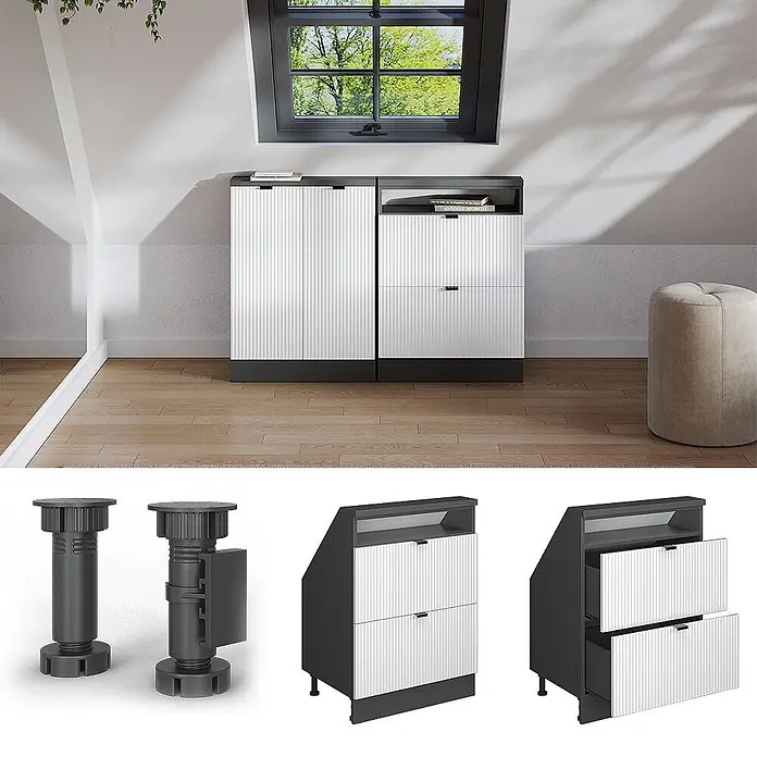 Küchenschrank für Dachschrägen R-Line 60 cm Weiß Riffel Art.-Nr. 60624 - 