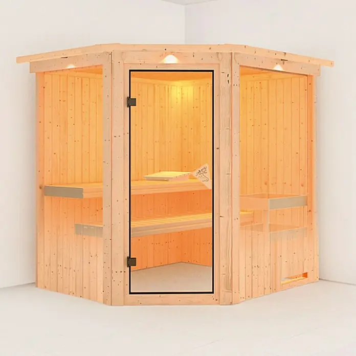 Karibu Elementsauna Siirin - Mit 9 kW Bio-Ofen mit externer Steuerung, Ohne Dachkranz, Materialspezifizierung Tür: Massivholztür, L x B x H: 196 x 170 x 192 cm - Einblick in eine elegante Saunaecke mit Holzausstattung und Glasfront, die zum Entspannen einlädt.