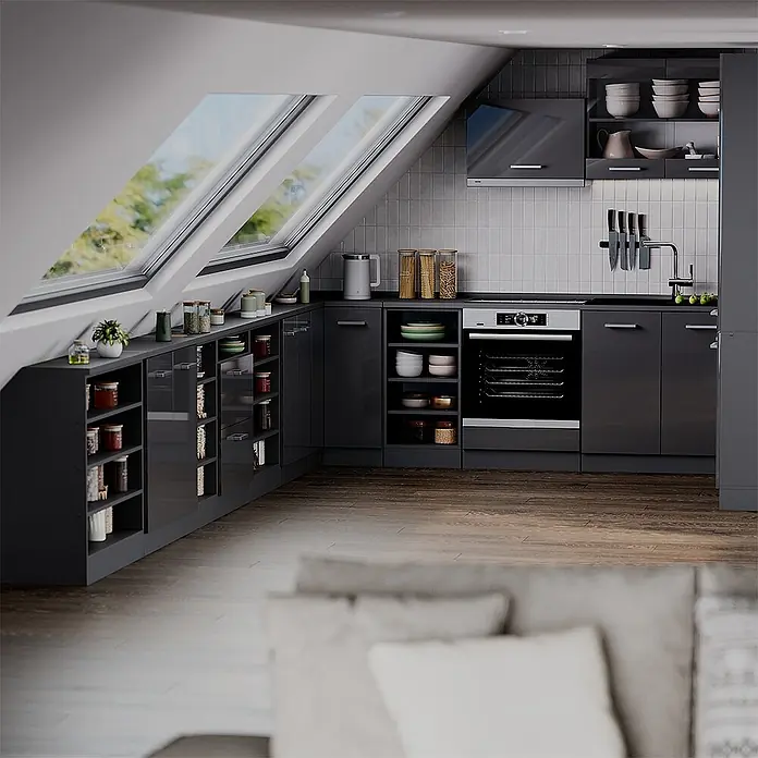 Vicco Küchenschrank für Dachschrägen R-Line, Anthrazit Hochglanz, 140 cm - 