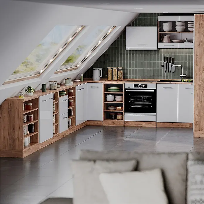 Küchenschrank für Dachschrägen R-Line 210 cm Weiß Hochglanz Art.-Nr. 60492 - 
