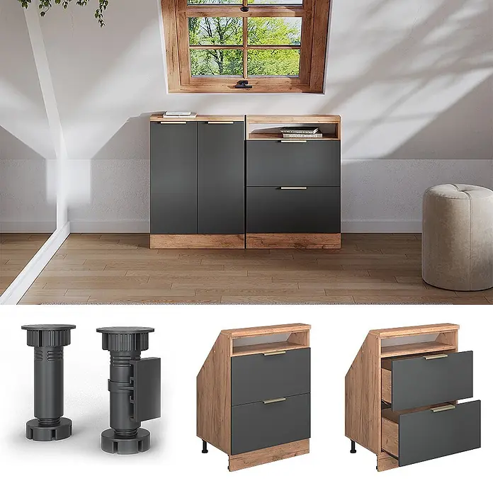 Küchenschrank für Dachschrägen R-Line 60 cm Anthrazit-Gold Art.-Nr. 60625 - 