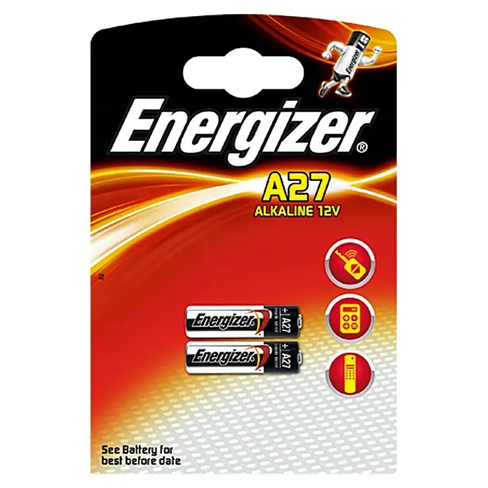 Energizer Pila A27 - 27A, 12 V - Imagen de un paquete de pilas Energizer A27 Alcalinas de 12V, adecuadas para diversos dispositivos electrónicos.