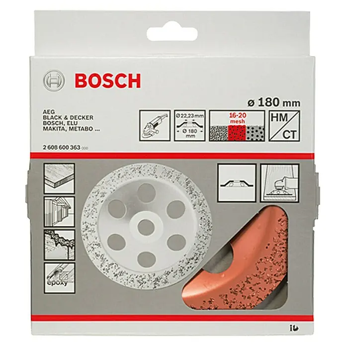 Bosch Hartmetall-Topfscheibe - Durchmesser: 180 mm, Mittel, Durchmesser Bohrung: 22,23 mm - Eine Bosch Trennscheibe Ø 180 mm für Winkelschleifer. Ideal zum Trennen von Stein, Fliesen und Beton mit hoher Standzeit.