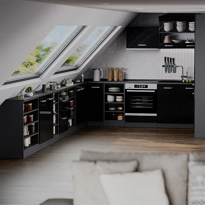Vicco Küchenschrank für Dachschrägen R-Line, Schwarz Hochglanz, 60 cm - 