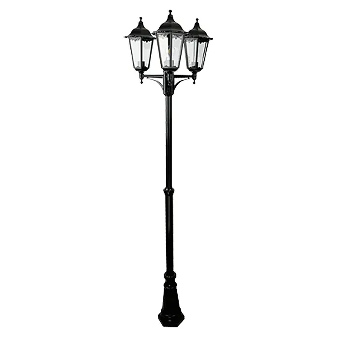 Starlux Turin Farola - Color del marco: Negro, Sin bombillas - Farola negra de tres luces con base decorativa y cristal transparente, ideal para jardines.
