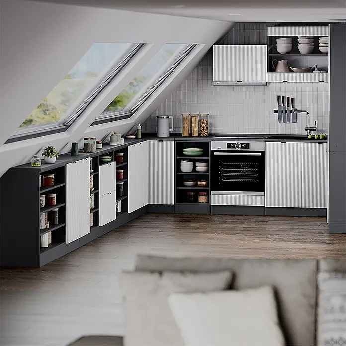 Küchenschrank für Dachschrägen R-Line 140 cm Weiß Riffel Art.-Nr. 60648 - 