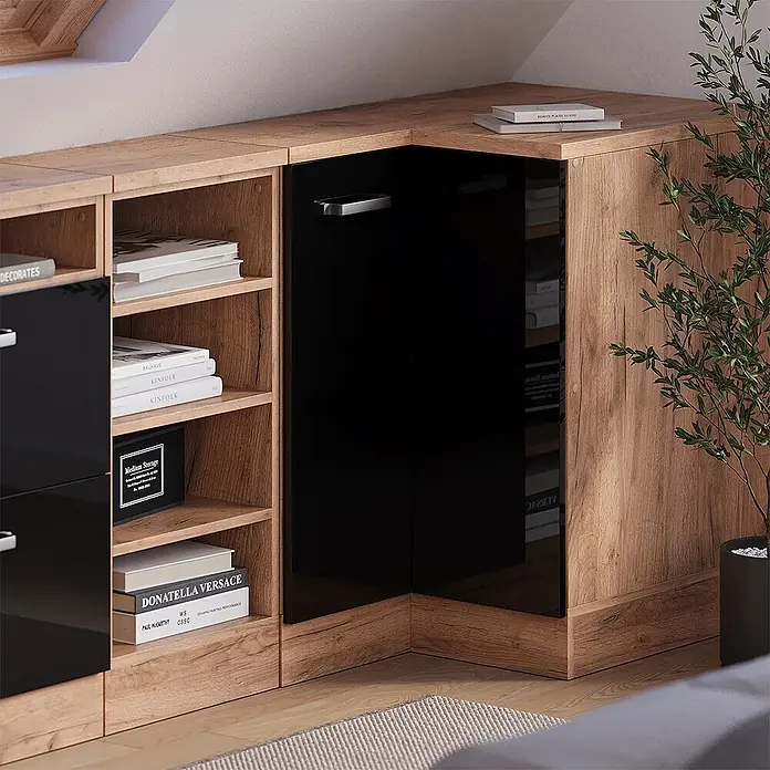 Vicco Eck-Küchenschrank für Dachschrägen R-Line, Schwarz HGL, 75.6 cm - 
