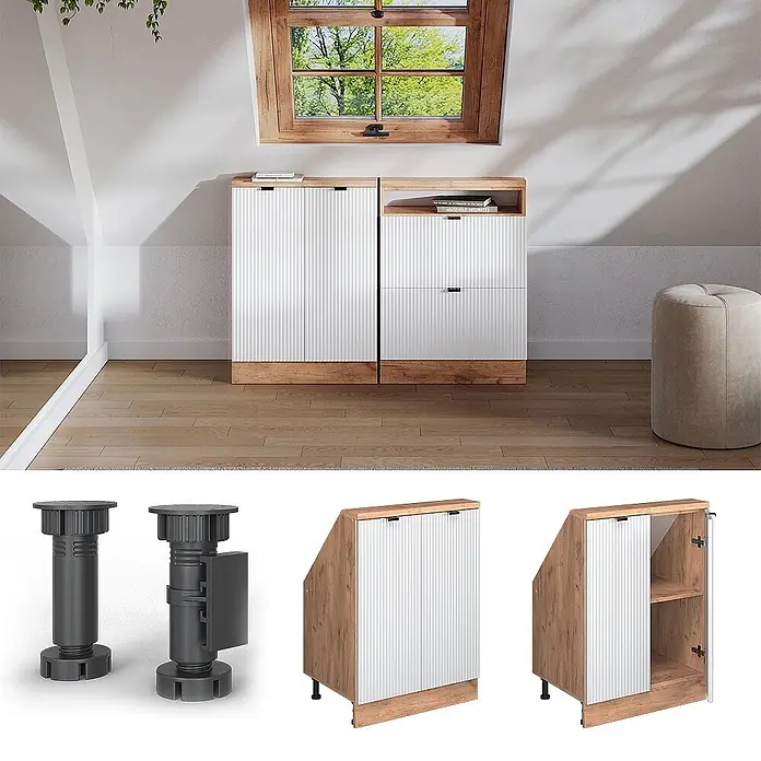 Küchenschrank für Dachschrägen R-Line 60 cm Weiß Riffel Art.-Nr. 60632 - 