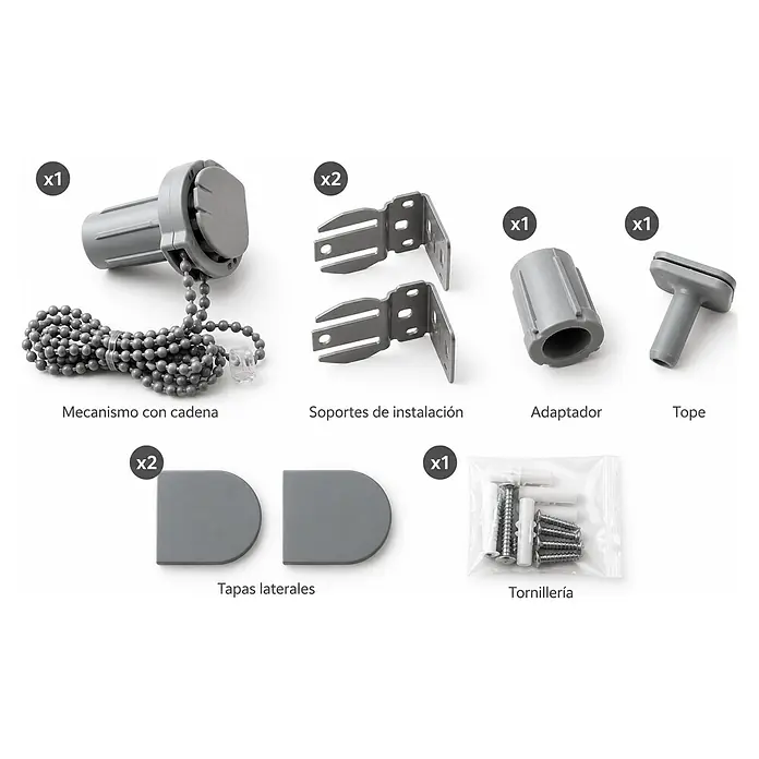 Estor enrollable Screen 5% - An x Al: 90 x 250 cm, Perla negro, Otros - Kit de instalación de estor enrollable gris: mecanismo, cadena, soportes, adaptador, tope, tapas, tornillería.