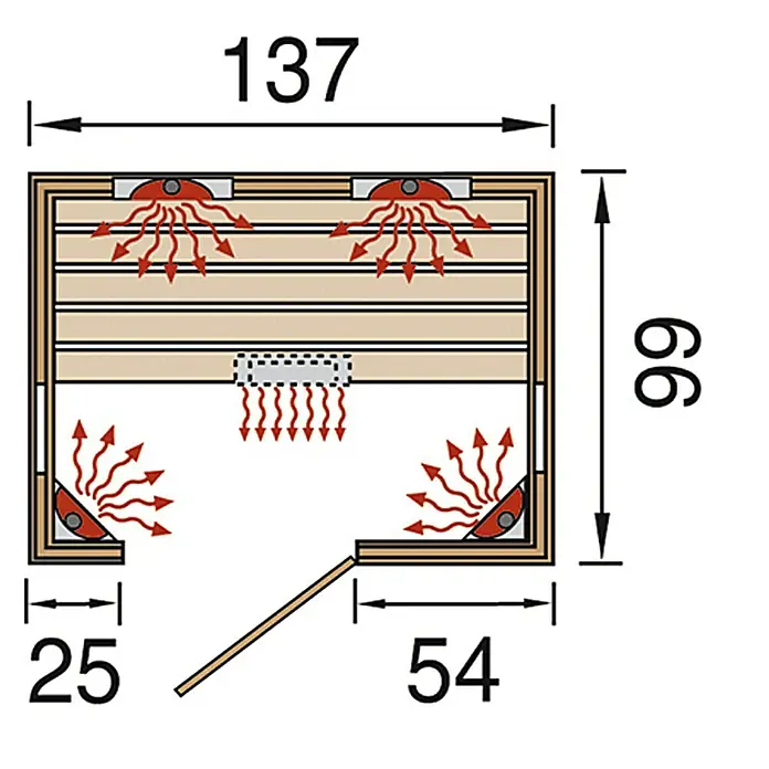 Weka Infrarotkabine Tanilla 2 - 99 x 137 x 190 cm, 2.050 W, 5 Keramikstrahler - Draufsicht einer Infrarotsauna mit Maßen. Übersichtliche Darstellung der Sauna mit Heizkörpern und Abmessungen.