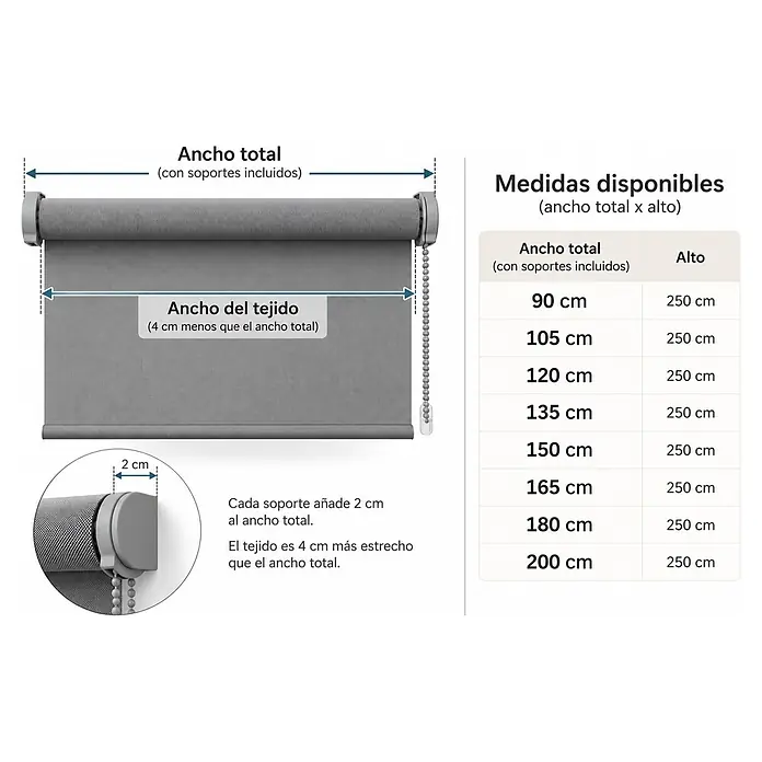 Estor enrollable Screen 5% - An x Al: 90 x 250 cm, Perla negro, Otros - Estor enrollable gris con diagrama detallado de medidas, mostrando ancho total (incluyendo soportes) y ancho del tejido, y medidas disponibles.