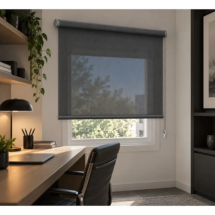 Estor enrollable Screen 5% - An x Al: 90 x 250 cm, Perla negro, Otros - Estor enrollable gris oscuro semitransparente, parcialmente bajado en una ventana de oficina, filtra la luz y ofrece vistas.