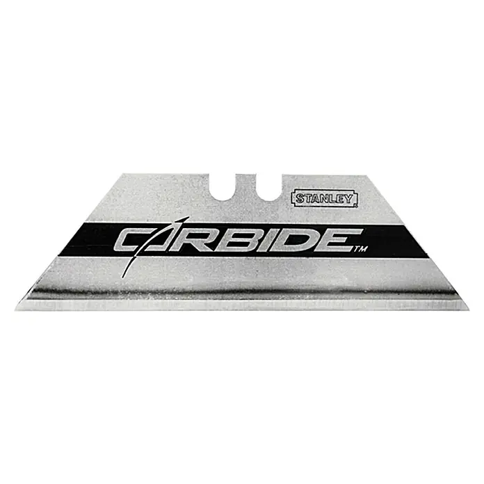 Stanley Trapezklinge Carbide - Klingenlänge: 62 mm, Klingenstärke: 0,6 mm, 10 Stk. - Nahaufnahme einer Trapezklinge von Stanley Carbide, die für ihre hohe Festigkeit und lange Lebensdauer bekannt ist.