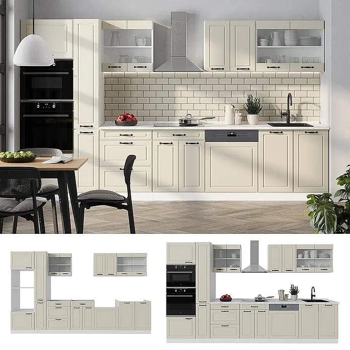 Küchenzeile R-Line 350 cm Sand Landhaus Art.-Nr. 70944 - 