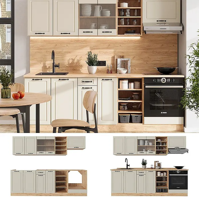 Küchenzeile R-Line 240 cm Sand Landhaus Art.-Nr. 70864 - 