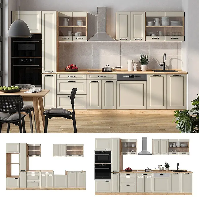 Küchenzeile R-Line 350 cm Sand Landhaus Art.-Nr. 70924 - 