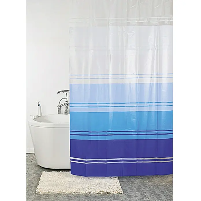 Venus Peva Duschvorhang Sea120 x 200 cm, Blau/Weiß - Ein gestreifter Duschvorhang in Blau- und Weißtönen mit einer Badewanne und einem Teppich davor, perfekt für jedes Badezimmer.