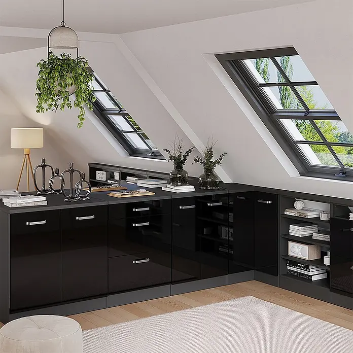 Vicco Küchenschrank für Dachschrägen R-Line, Schwarz Hochglanz, 60 cm - 